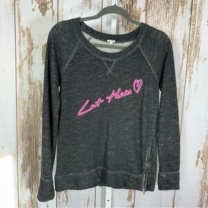 J. Crew, Dark Gray Raglan Sweater with Pink Accent "Let Them". Size Small.